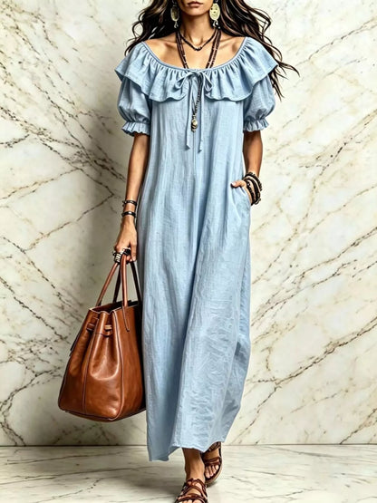 Ruffle Trim Puff Sleeve Maxi Dress - Light Blue - View 1