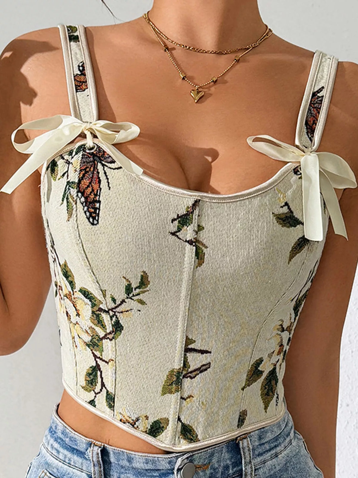 Floral Lace Up Back Tank - Apricot - View 11