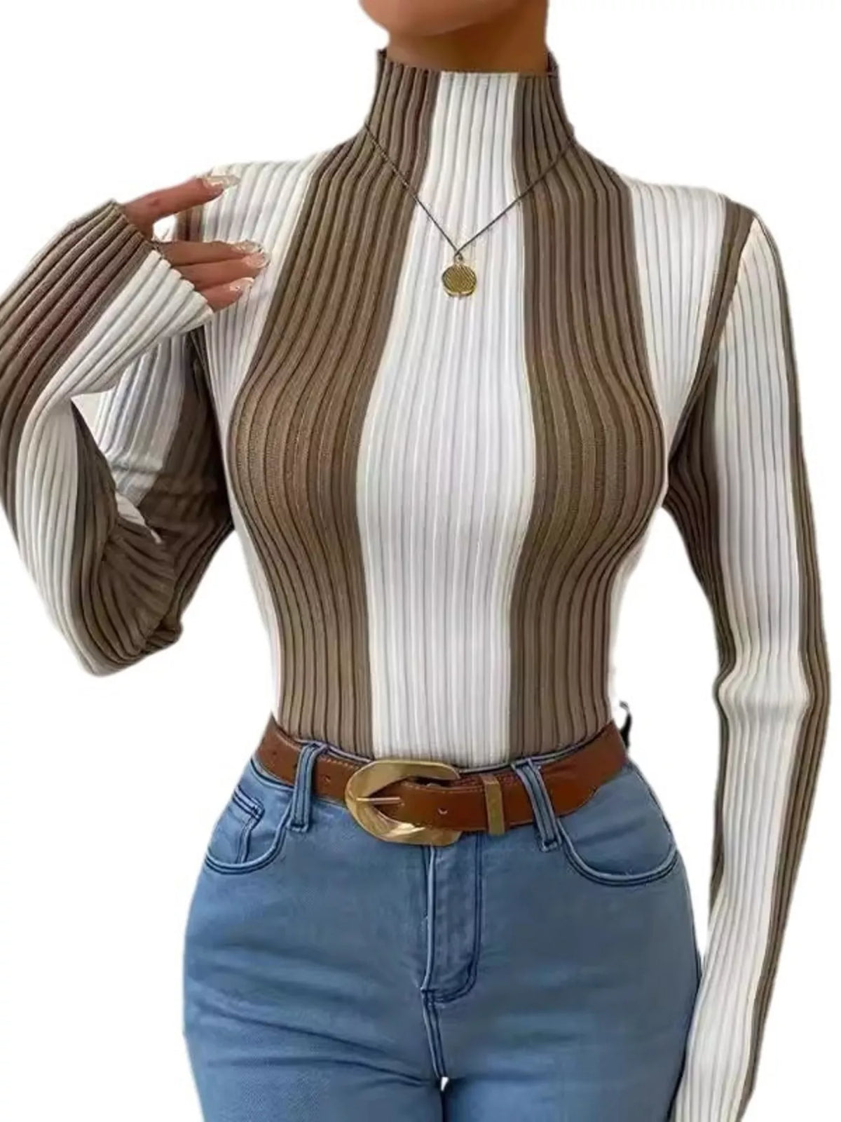 Color Block Turtleneck Ribbed Knit Top - Khaki - View 2