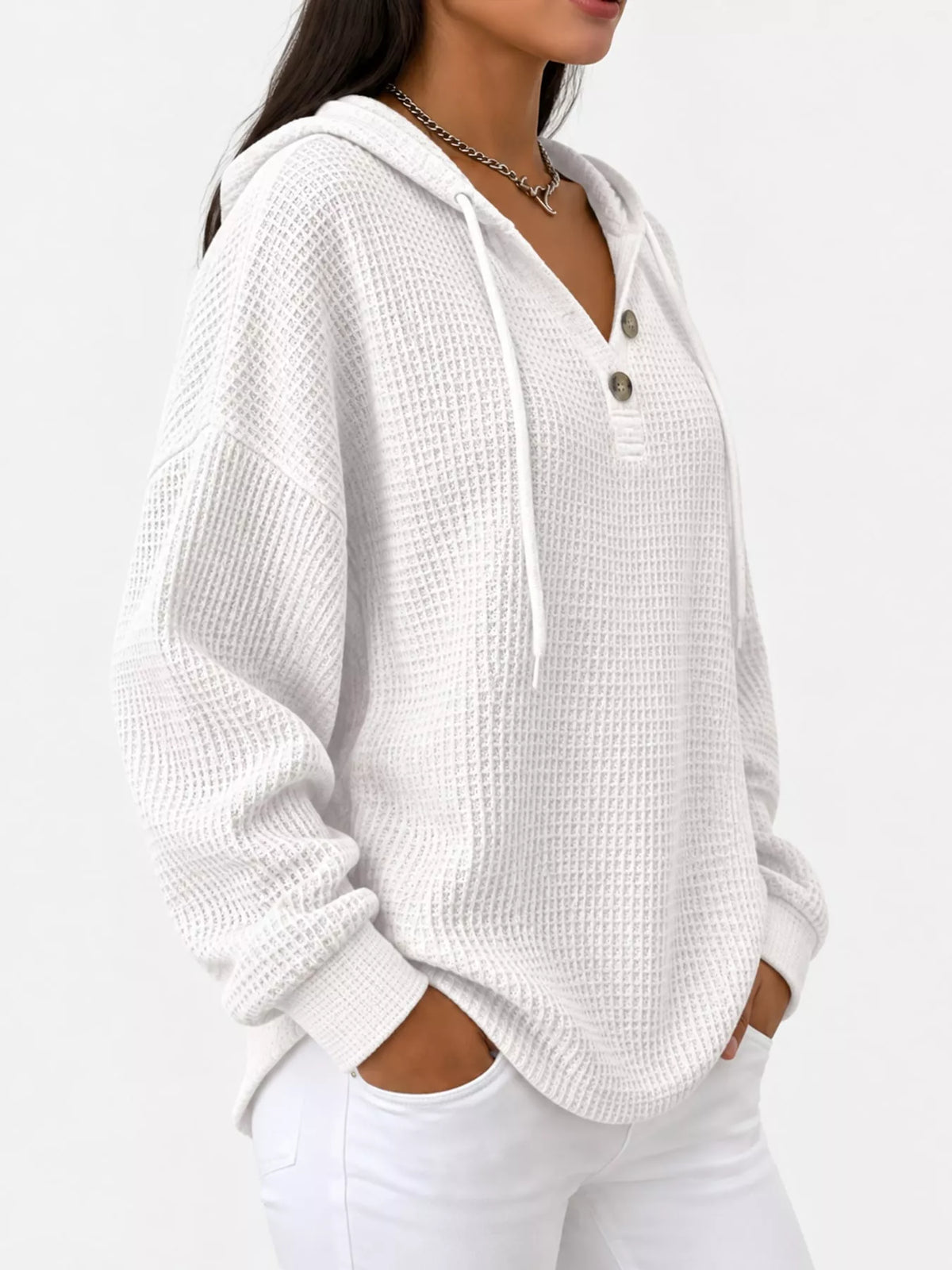 Full Size Waffle Knit Button Detail Hoodie Plus Size - White - View 2
