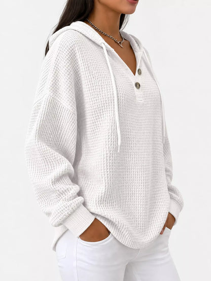 Full Size Waffle Knit Button Detail Hoodie Plus Size - White - View 2