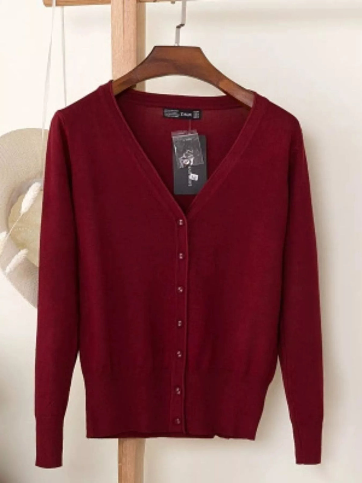 Classic V-Neck Button-Down Knit Cardigan - Burgundy - View 72