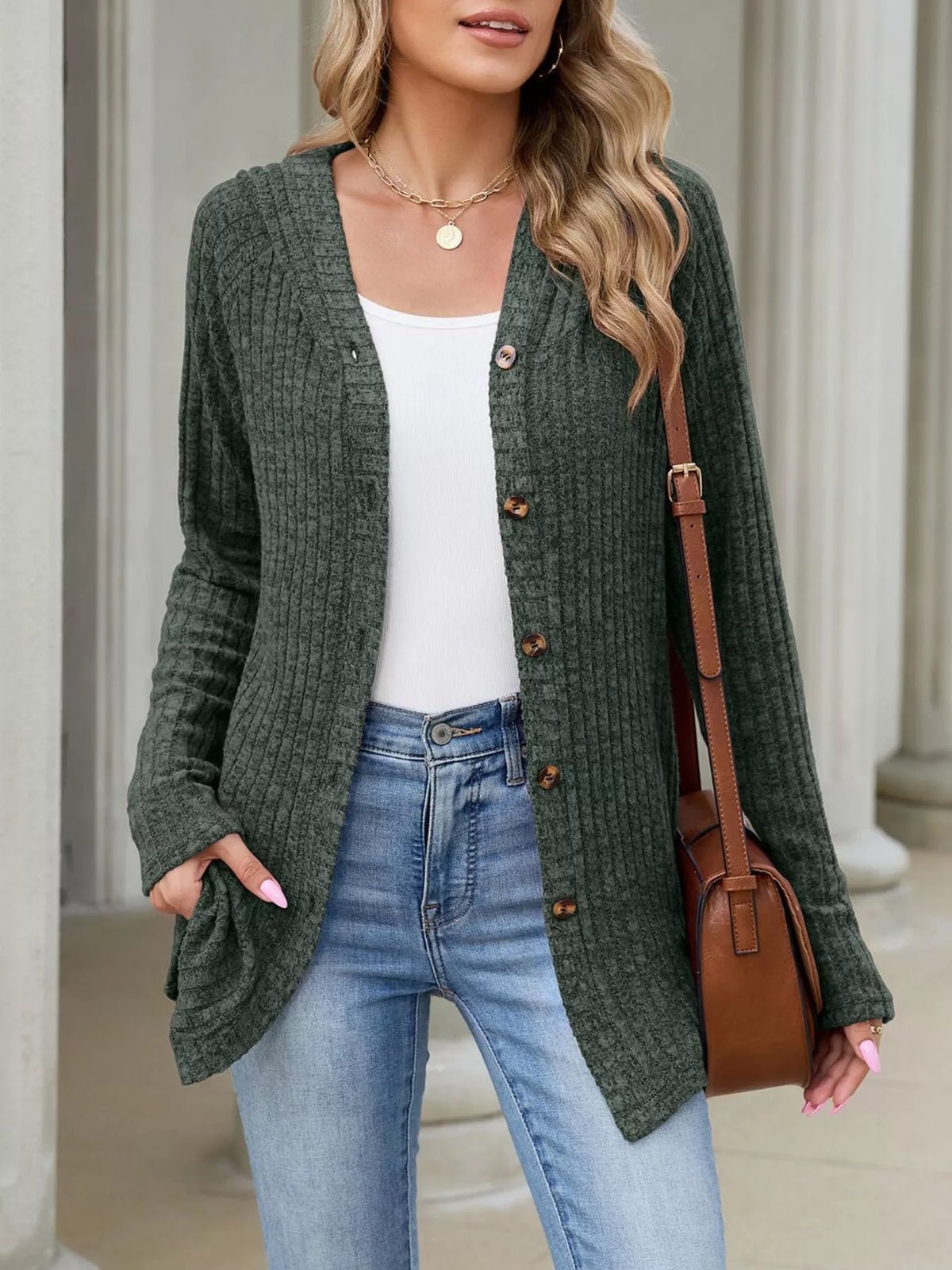 Ribbed Knit Hooded Button-Down Cardigan - Army Green - View 4