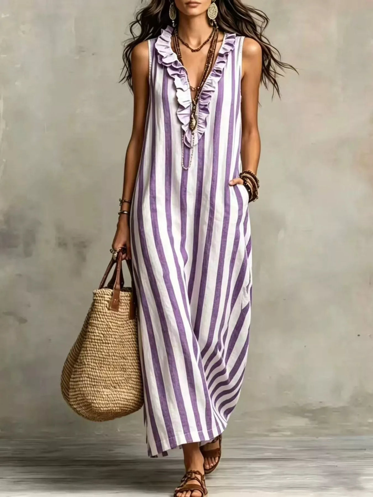 Full Size Sleeveless Striped Ruffle V-Neck Maxi Dress Plus Size - Purple - View 1