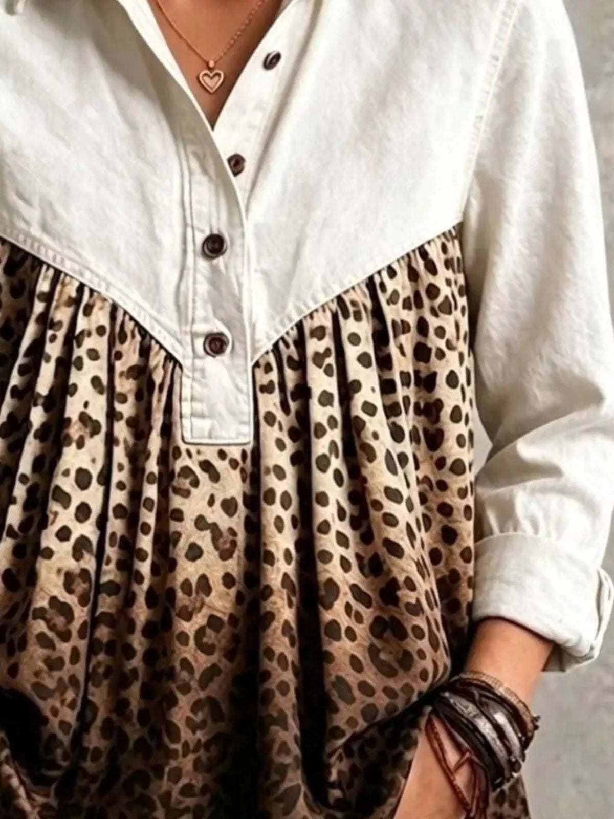 Full Size Leopard Button Detail Blouse Plus Size - White - View 3