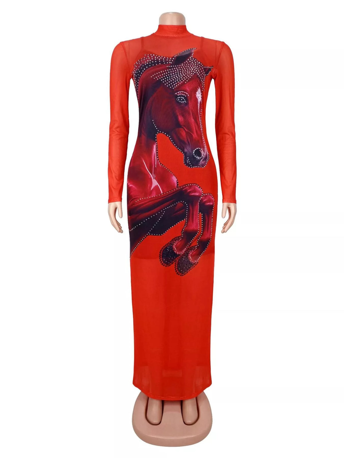 Cami Dress and Rhinestone Horse Mesh Maxi Dress Set - Red - View 10