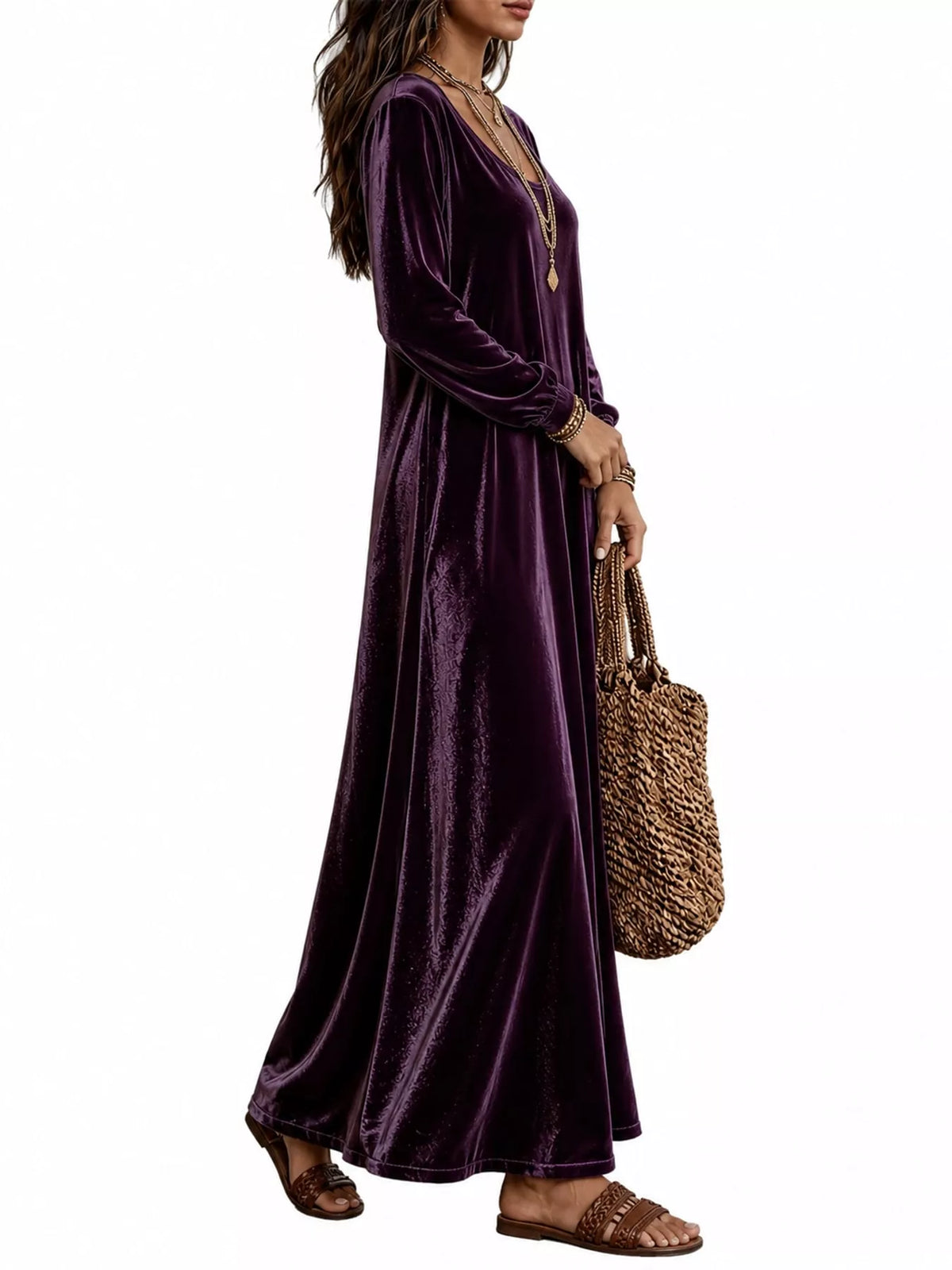 Velvet Long-Sleeve Maxi Dress - Purple - View 28