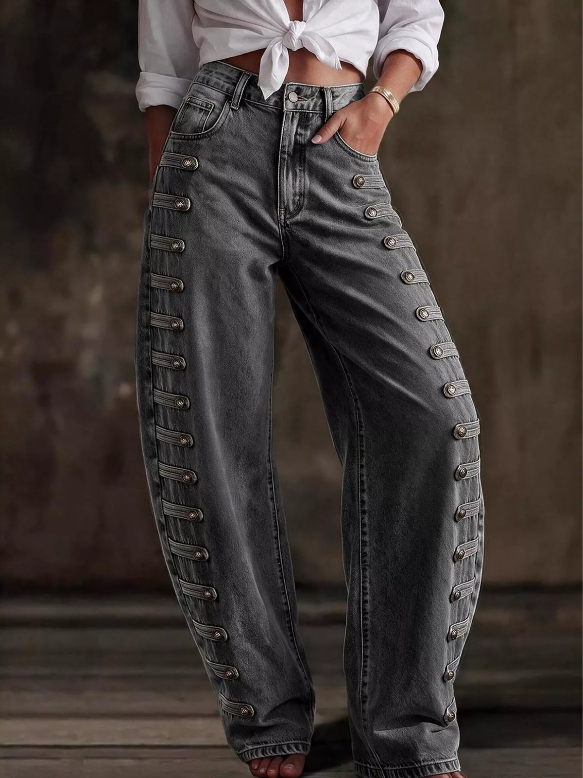 Decorative Button Wide Leg Jeans - Dark Gray - View 30