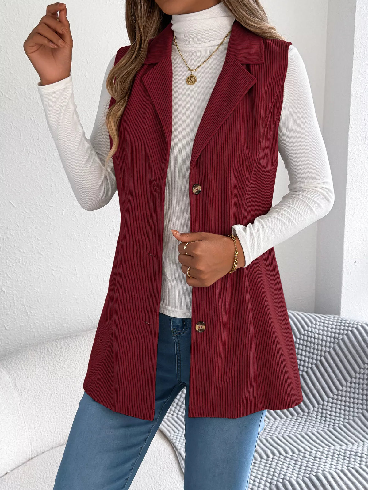 Button-Front Longline Vest Coat - Burgundy - View 10