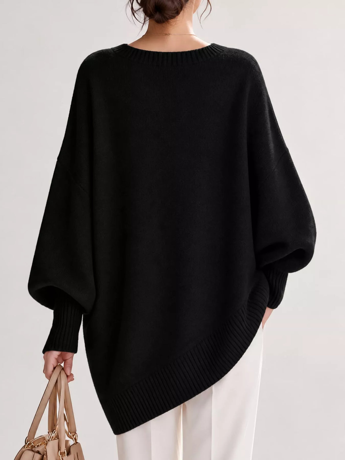 Full Size V-Neck Oversized Batwing Sleeve Sweater Plus Size - Black - View 48