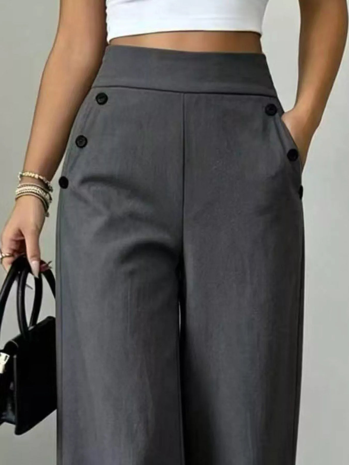 High-Waisted Wide-Leg Pants - Gray - View 12