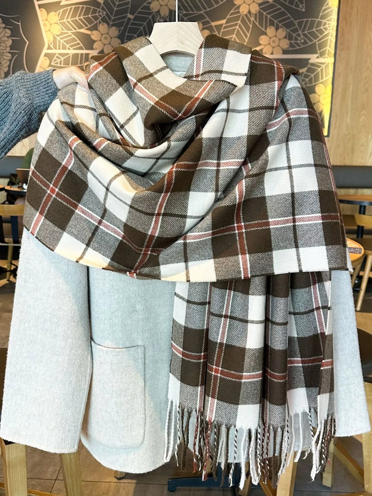 Classic Plaid Fringe Scarf - Taupe - View 11