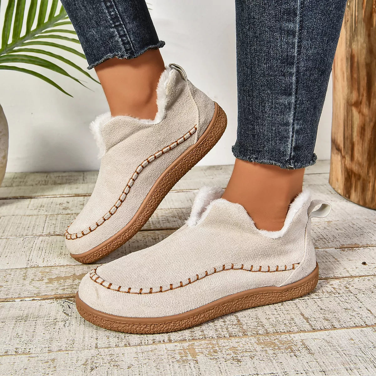 Round Toe Plush Lined Shoes - Cream - View 2
