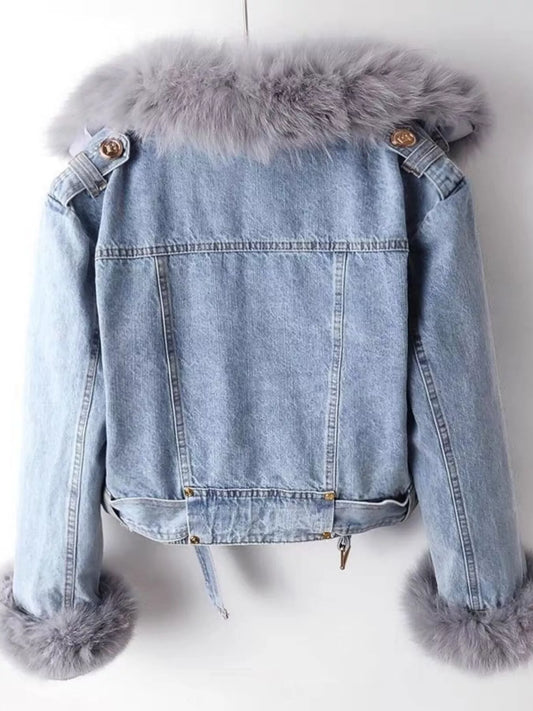 Full Size Faux Fur Collar Denim Jacket Plus Size - product photo 2