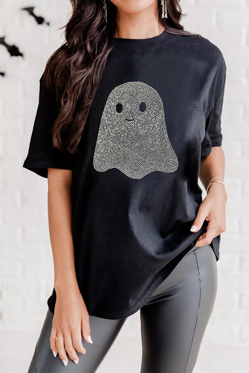 Full Size Rhinestone Ghost Round Neck T-Shirt Plus Size - Black - View 1