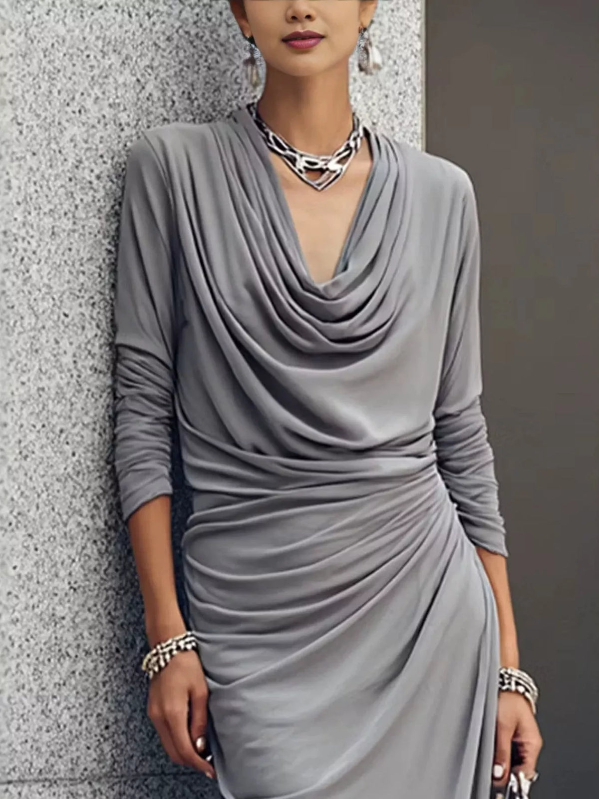 Cowl Neck Long Sleeve Maxi Dress - Gray - View 2