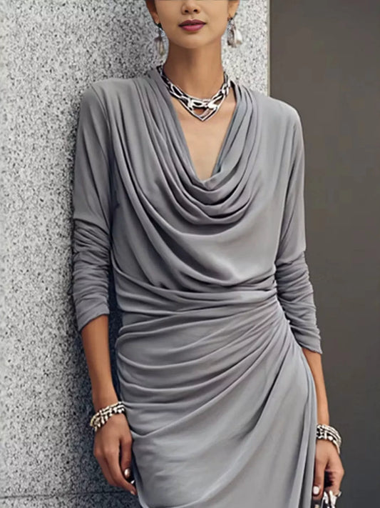 Cowl Neck Long Sleeve Maxi Dress - Gray - View 2