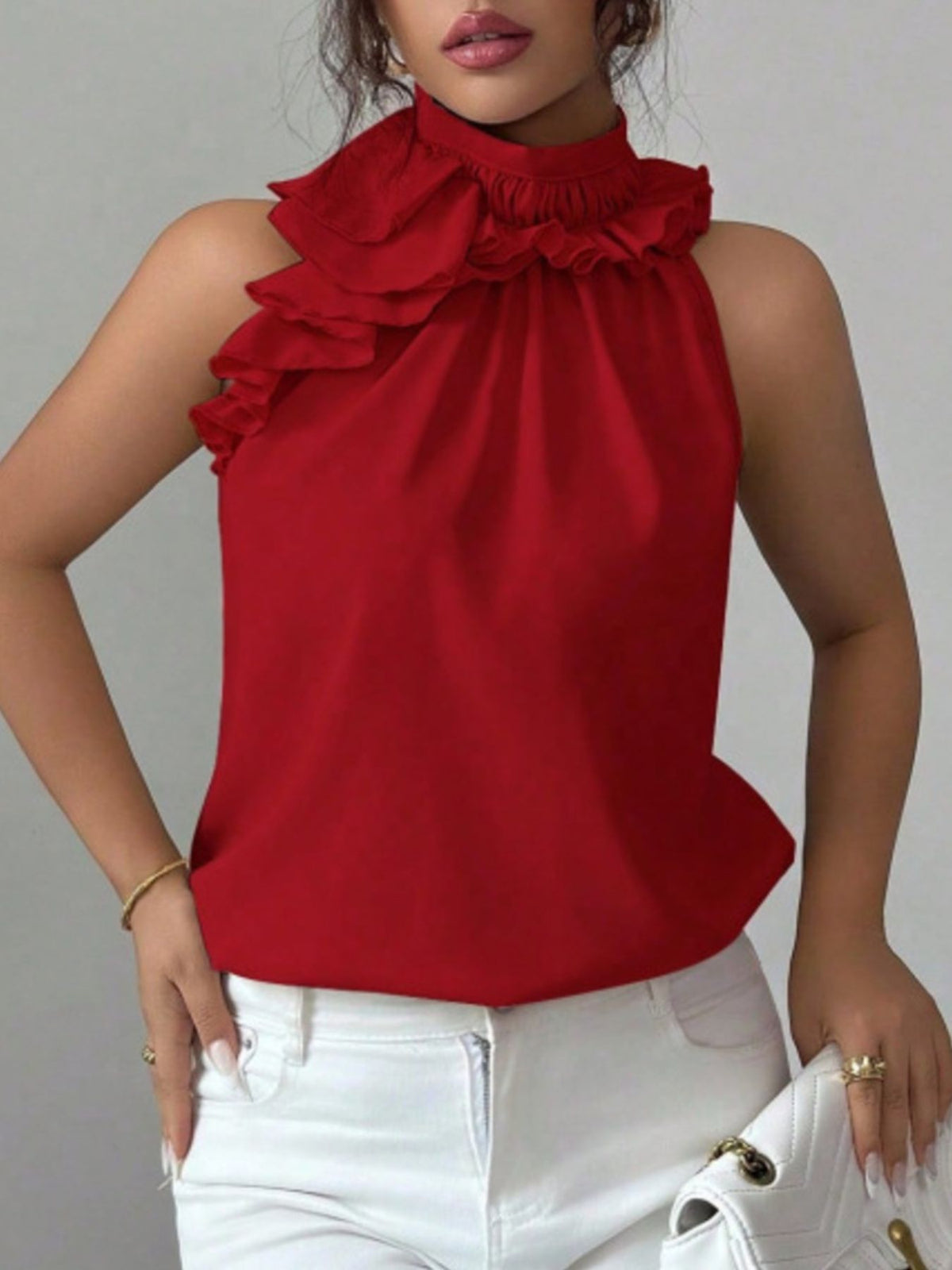 Ruffle High Neck Sleeveless Top - Red - View 17