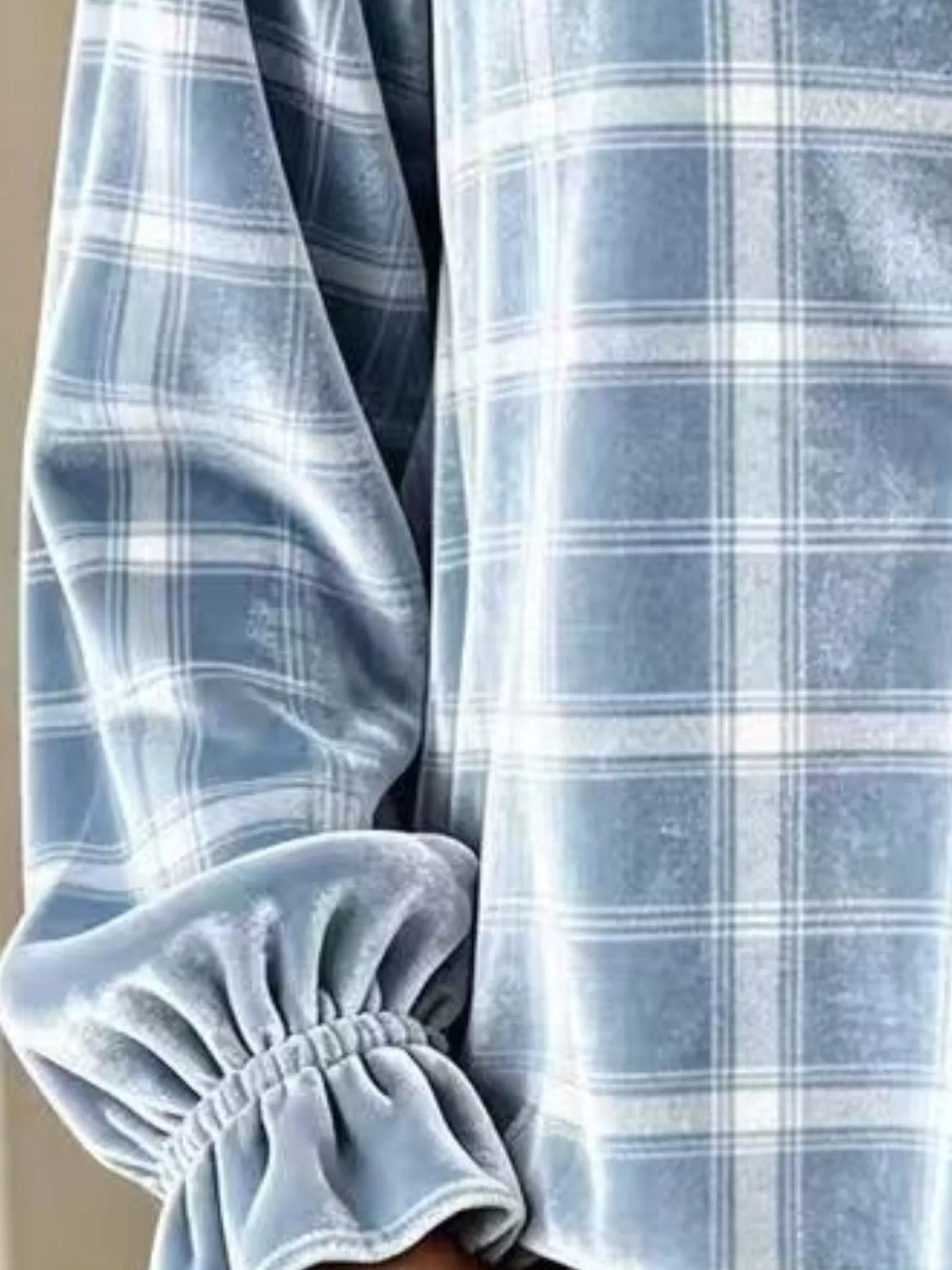 Full Size Plaid Velvet Flounce Sleeve Blouse Plus Size - Light Blue - View 2
