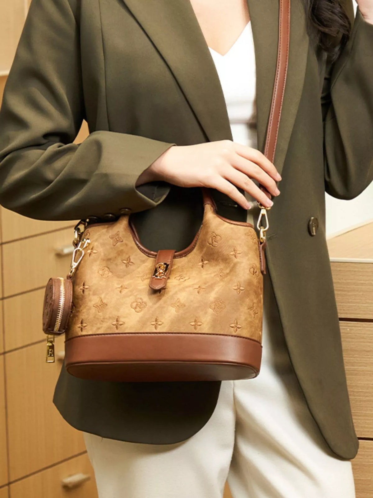 Embossed Crossbody Bag with Detachable Coin Pouch - Brown - View 7