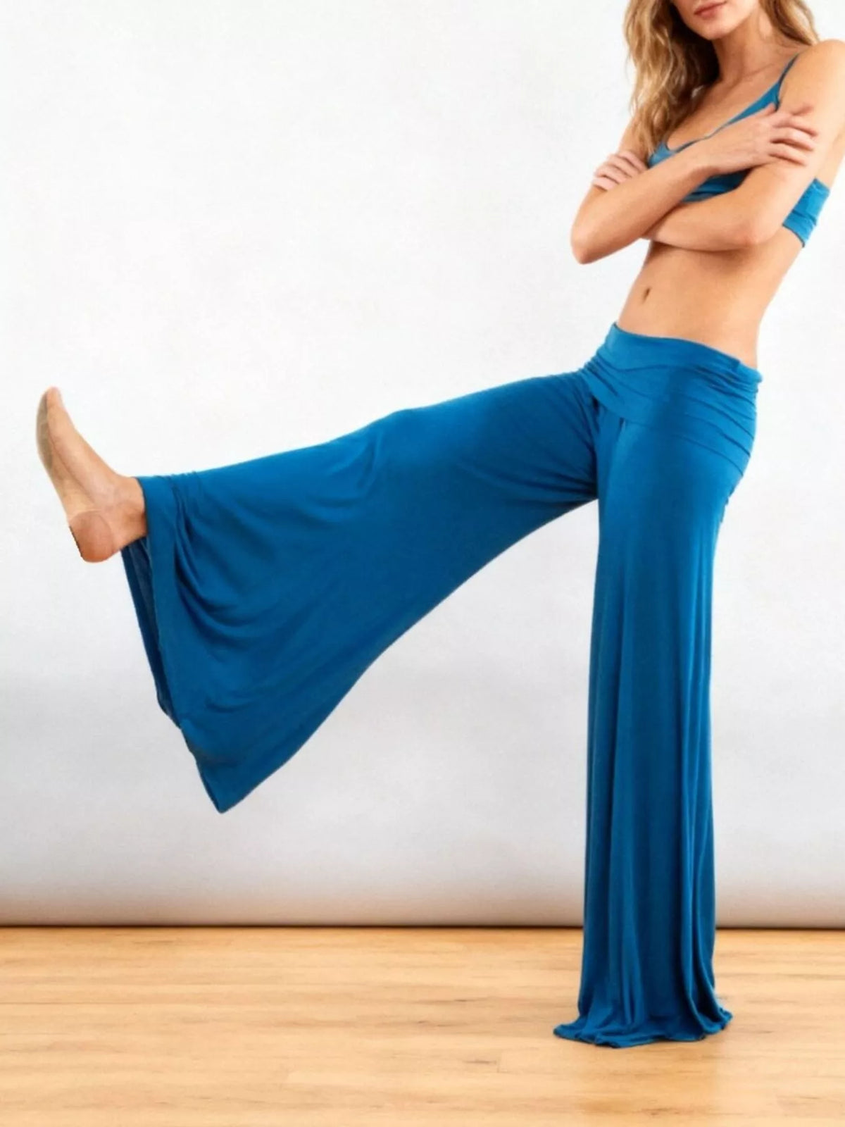 High-Waisted Fold-Over Wide Leg Active Pants - Blue - View 7