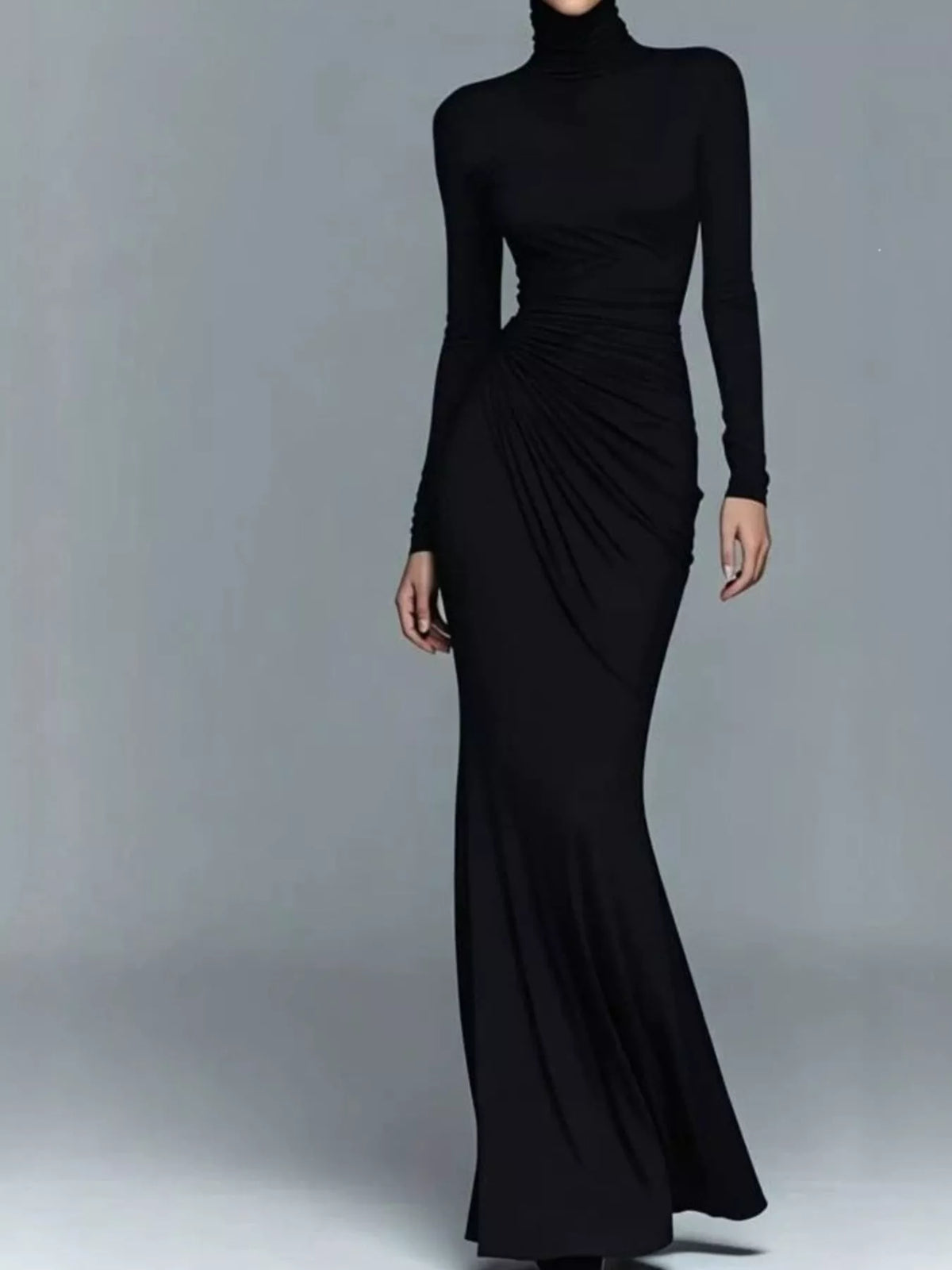 Turtleneck Long-Sleeve Ruched Maxi Dress - Black - View 5