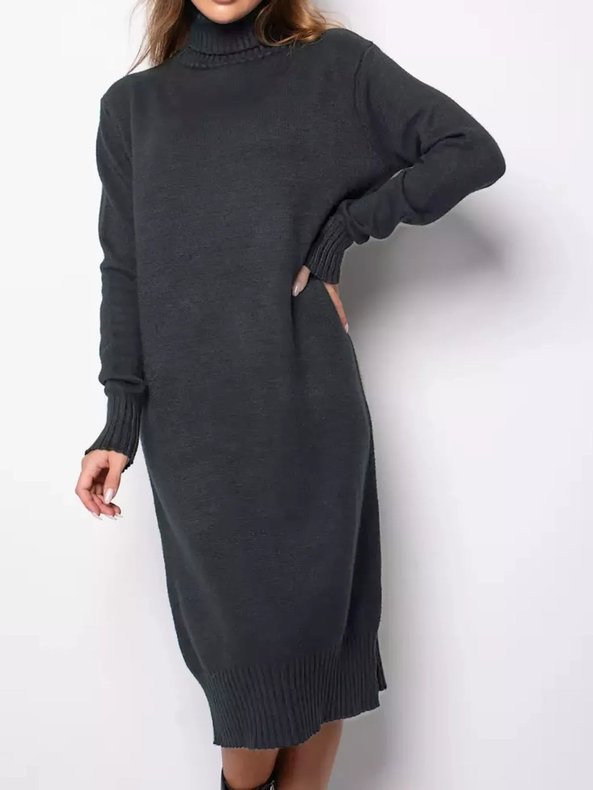 Turtleneck Ribbed Knit Sweater Dress - Dark Gray - View 23