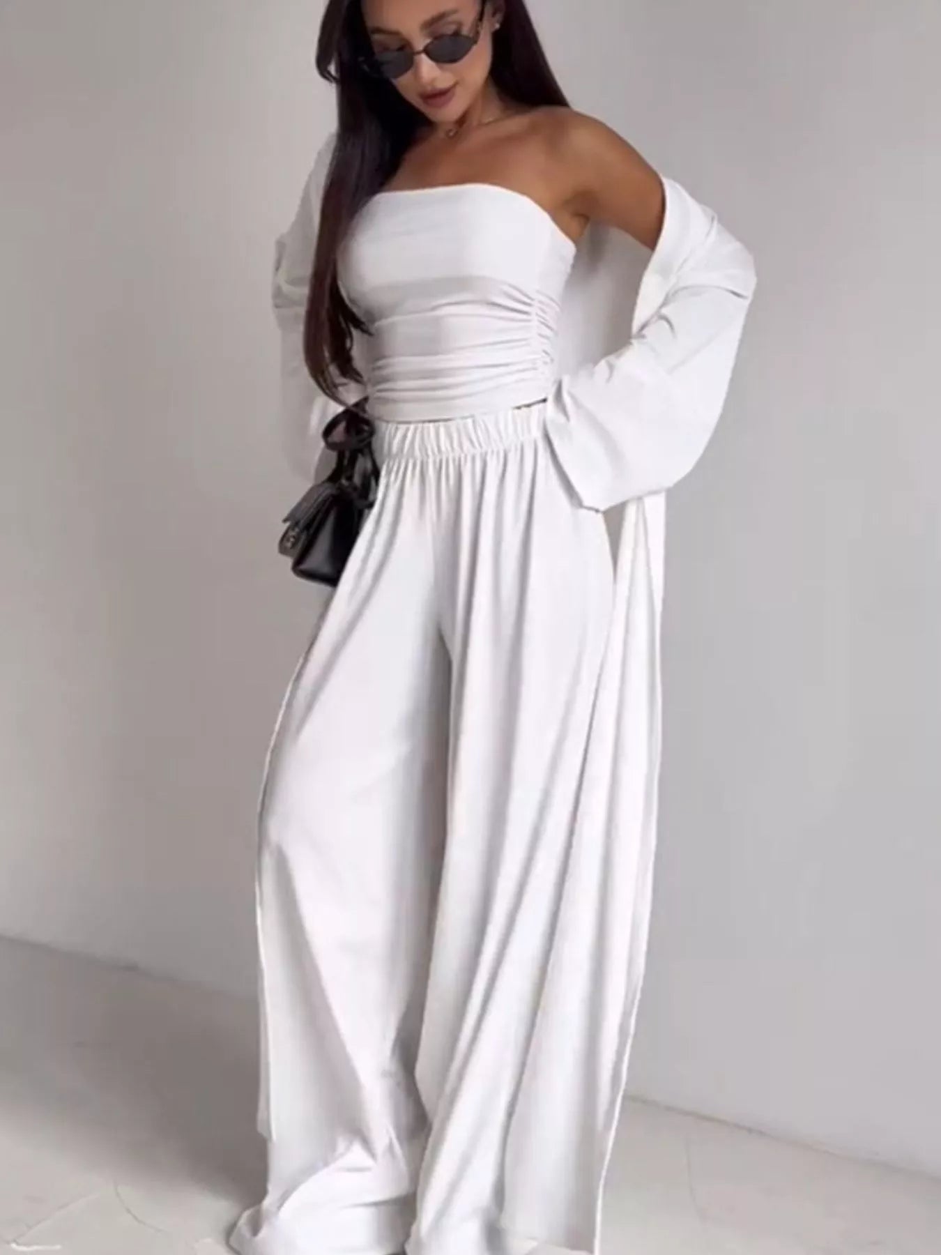 Tube Top & Cardigan & Wide Leg Pants 3-Piece Set - White - Styled Front View
