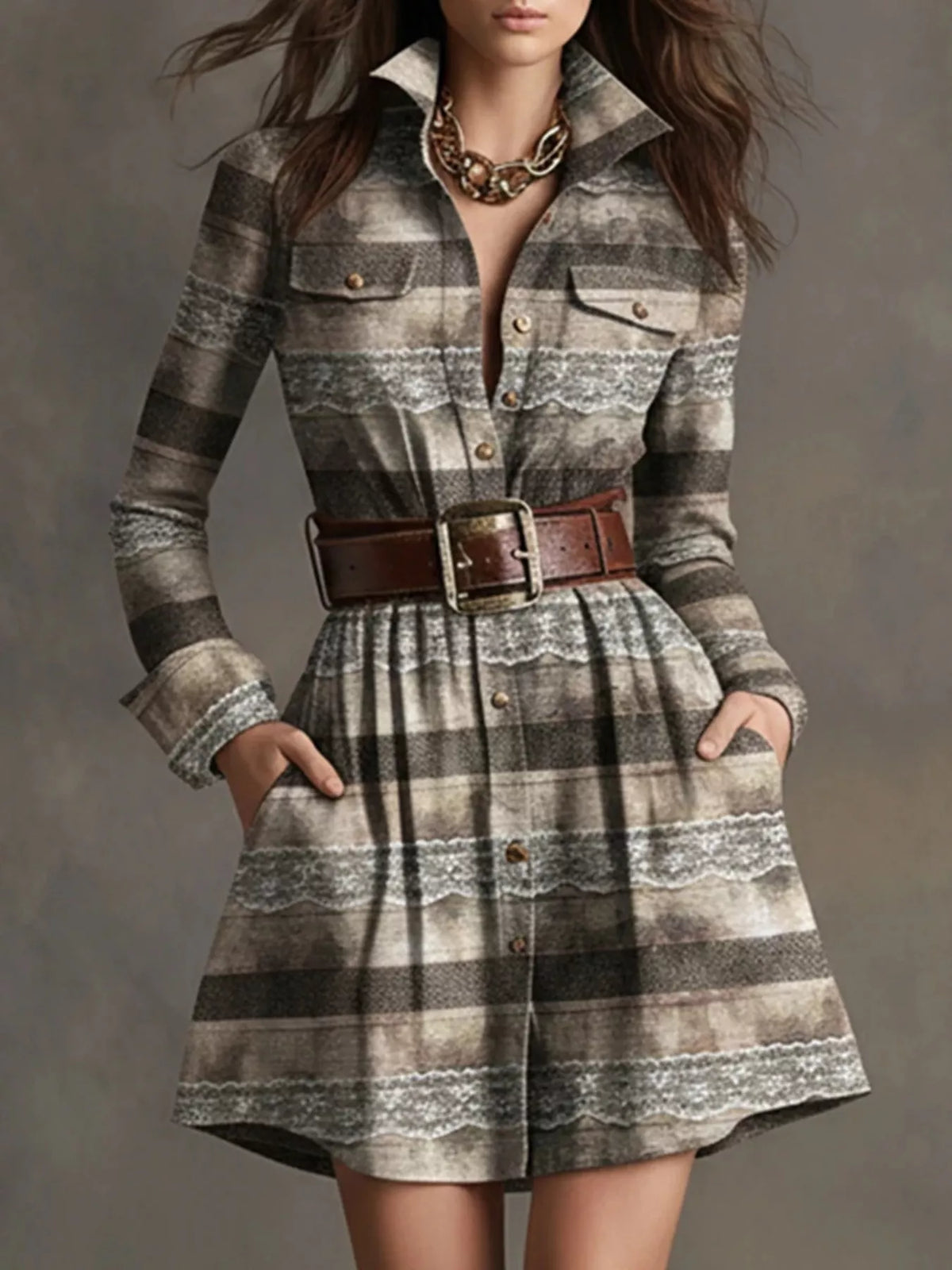 Plaid Long Sleeve Shirt Dress - Gray - View 1