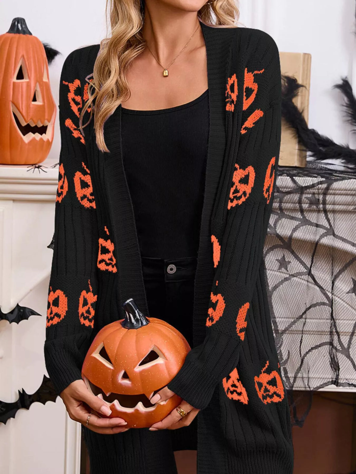 Halloween Pumpkin Open Front Knit Cardigan - Black - View 2