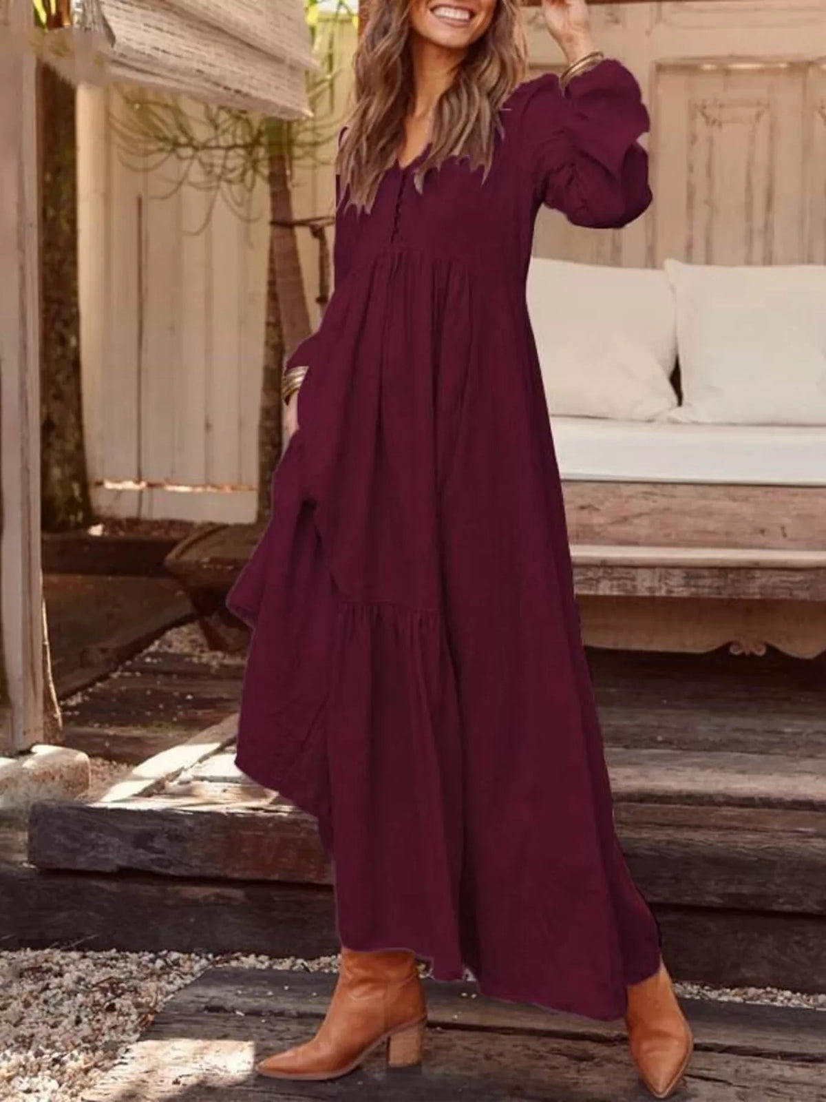 Full Size V-Neck Long Sleeve Tiered Maxi Dress with Pockets Plus Size - Burgundy - View 1