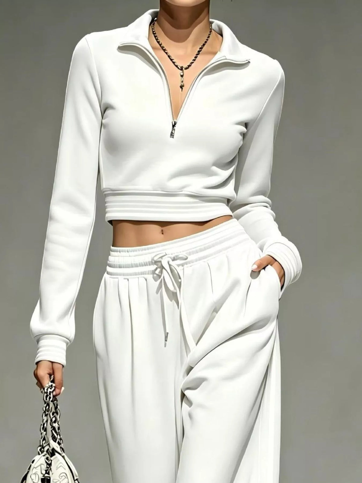 Full Size Half Zip Cropped Top and Pants Set Plus Size - White - View 2