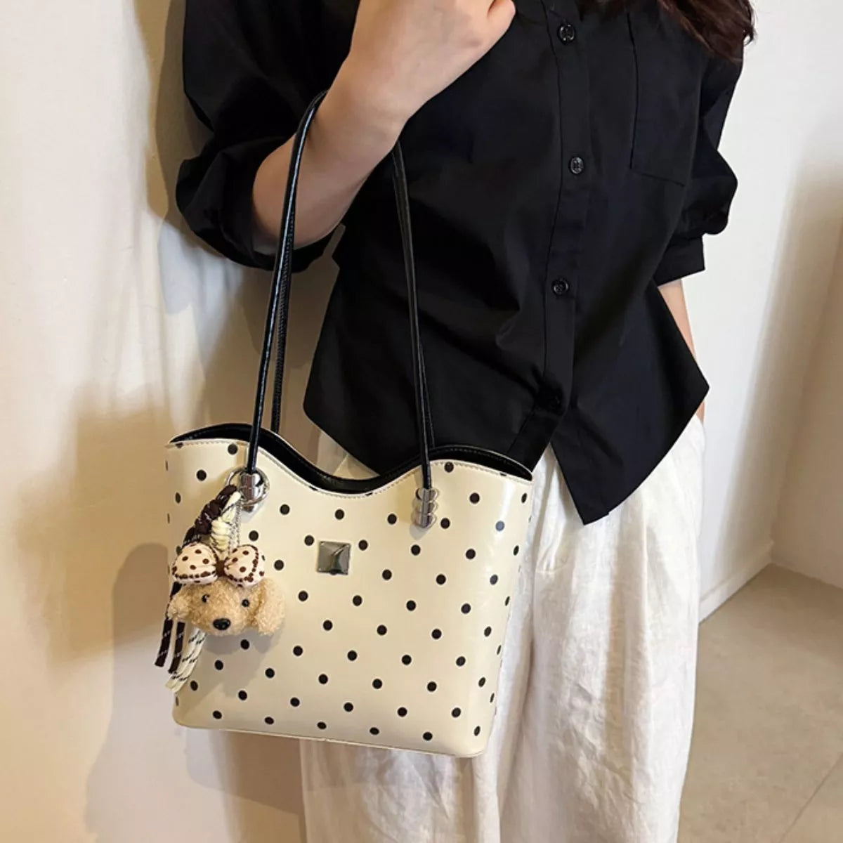 Polka Dot Shoulder Bag - White - View 2