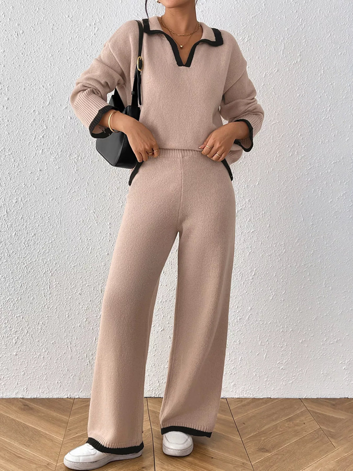 Contrast Trim Polo Collar Top and Pants Sweater Set - Dust Storm - View 1