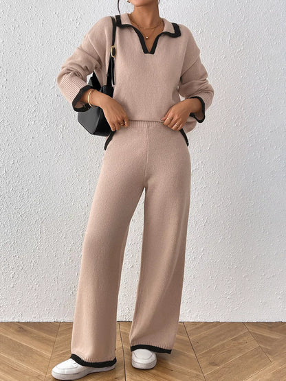 Contrast Trim Polo Collar Top and Pants Sweater Set - Dust Storm - View 1