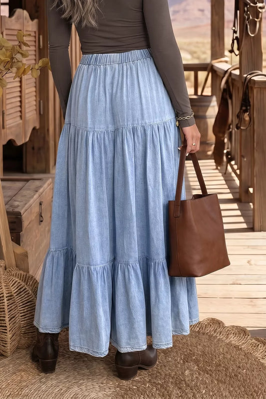 Elastic Waist Ruffled Tiered Flared Denim Maxi Skirt - product photo 2