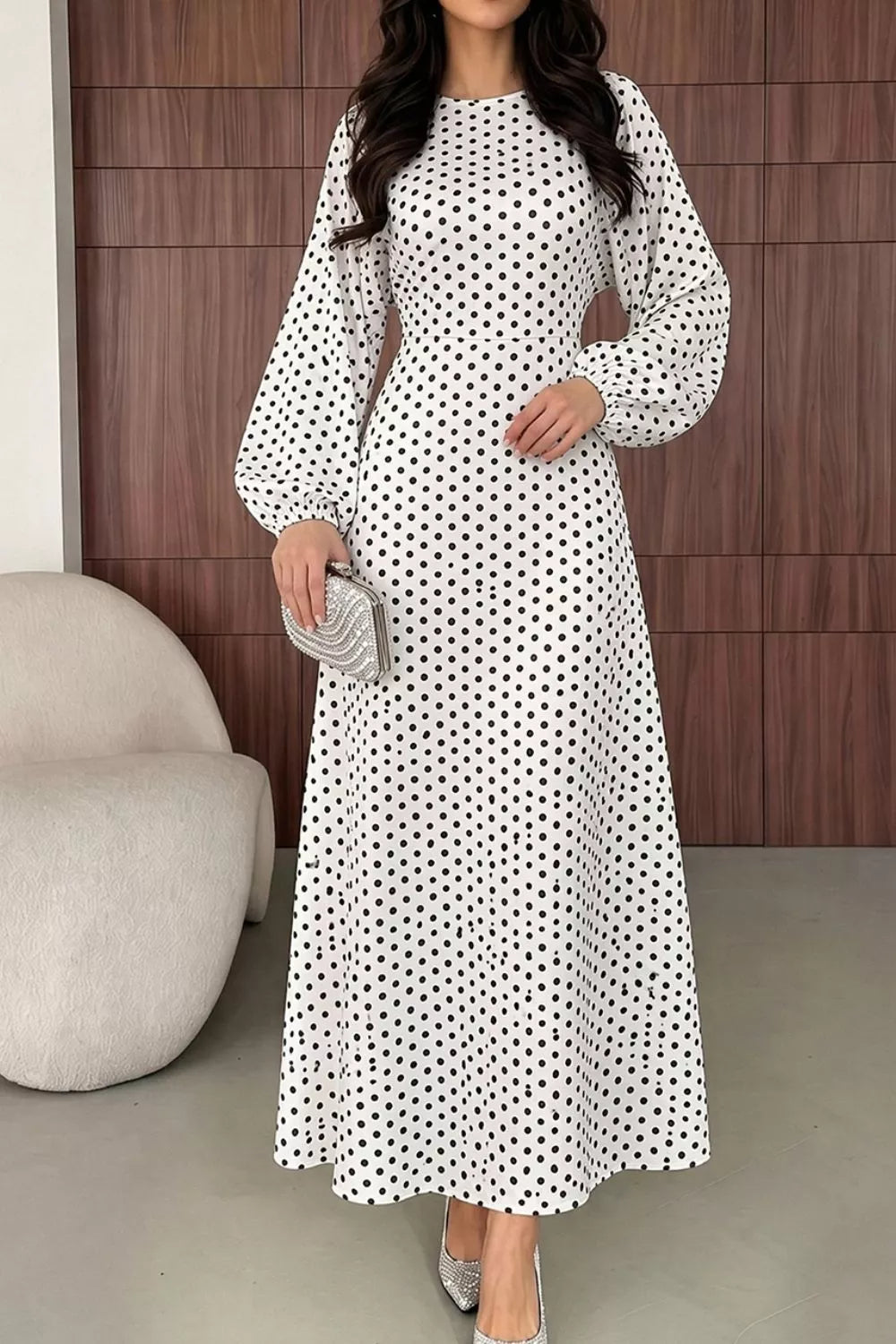 Polka Dot Long Sleeve Maxi Dress - White - View 3