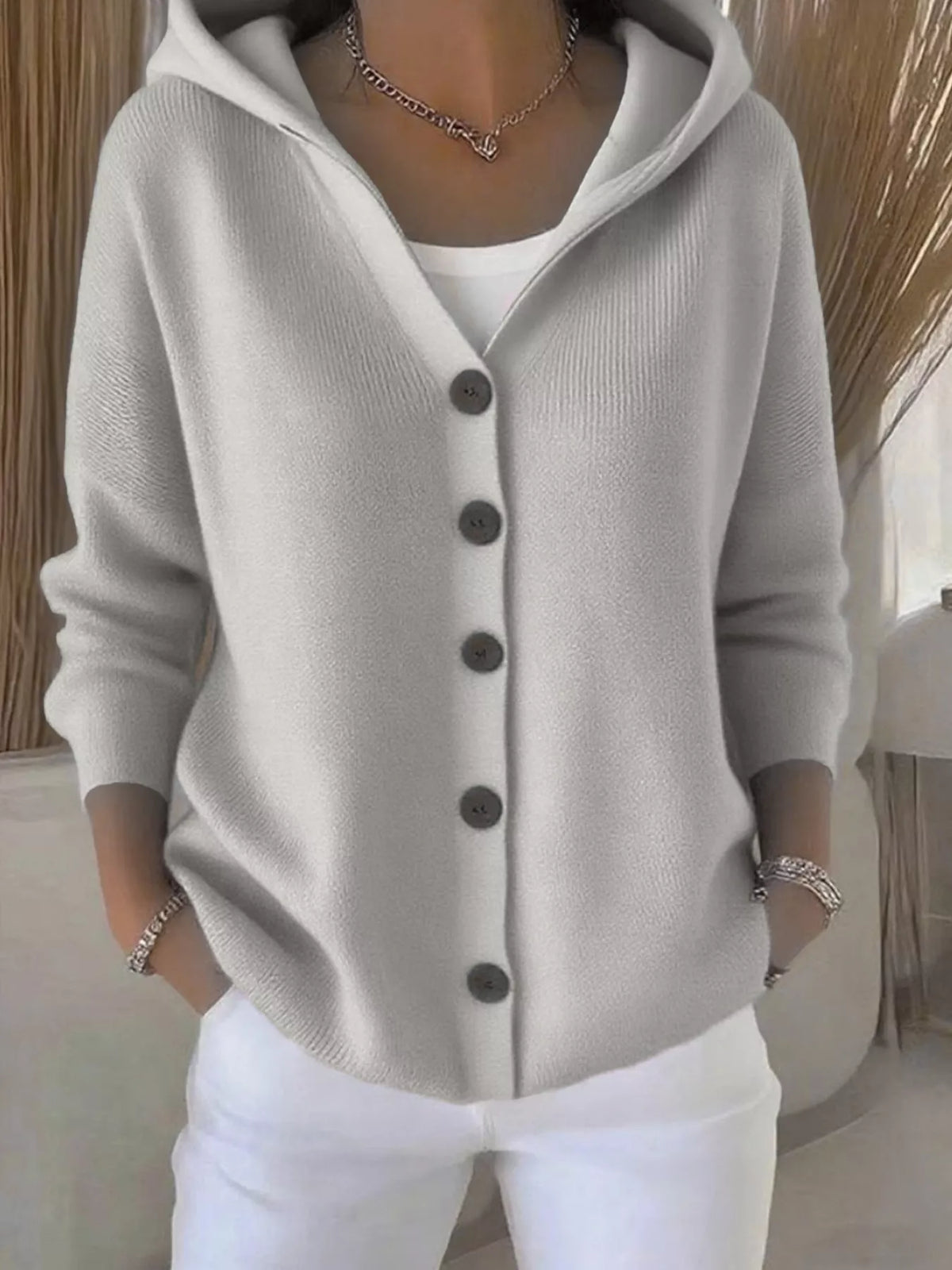 Full Size Hooded Button-Down Knit Cardigan Plus Size - Gray - View 47