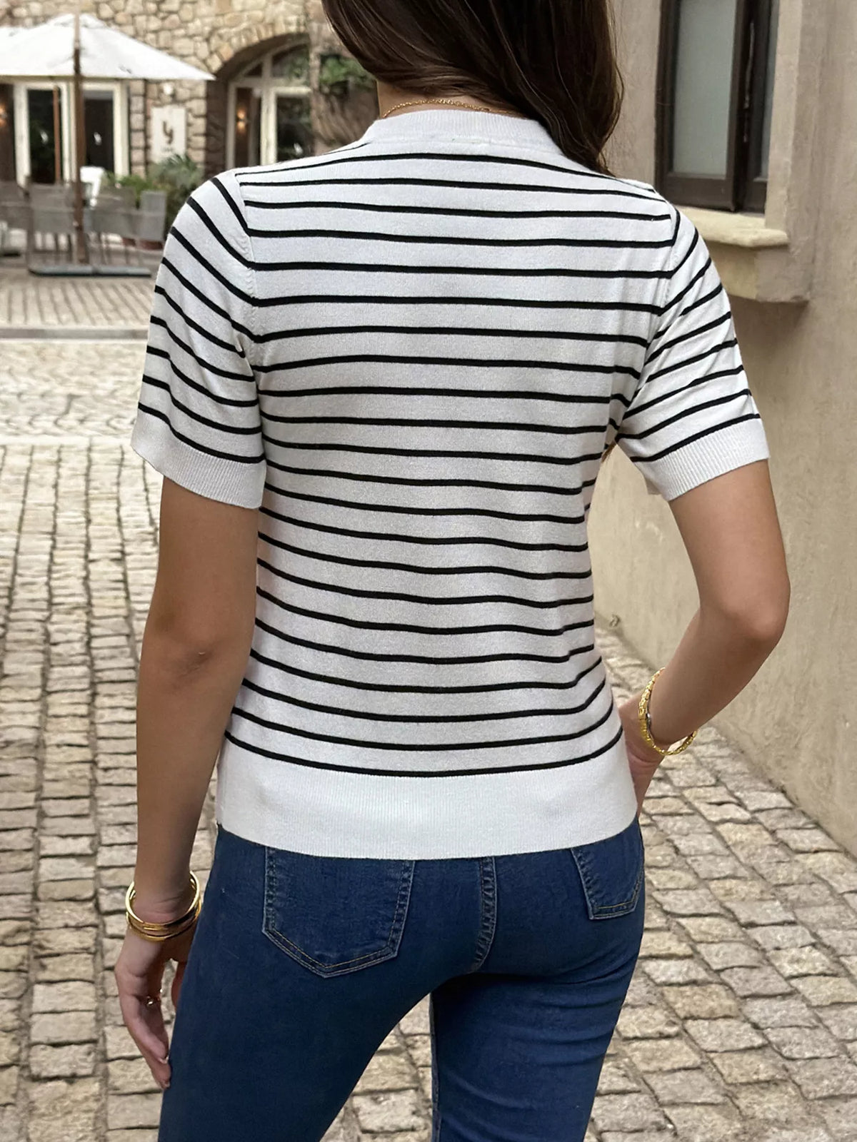 Striped Short-Sleeve Knit Top - Black - View 5