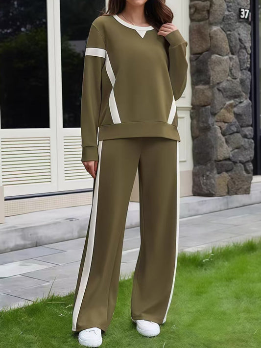 Contrast Striped Crew Neck Top and Pants Set