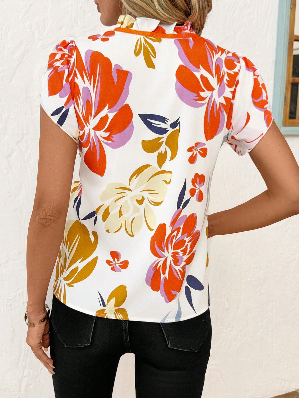 Tie Neck Short Sleeve Blouse - Red - View 31