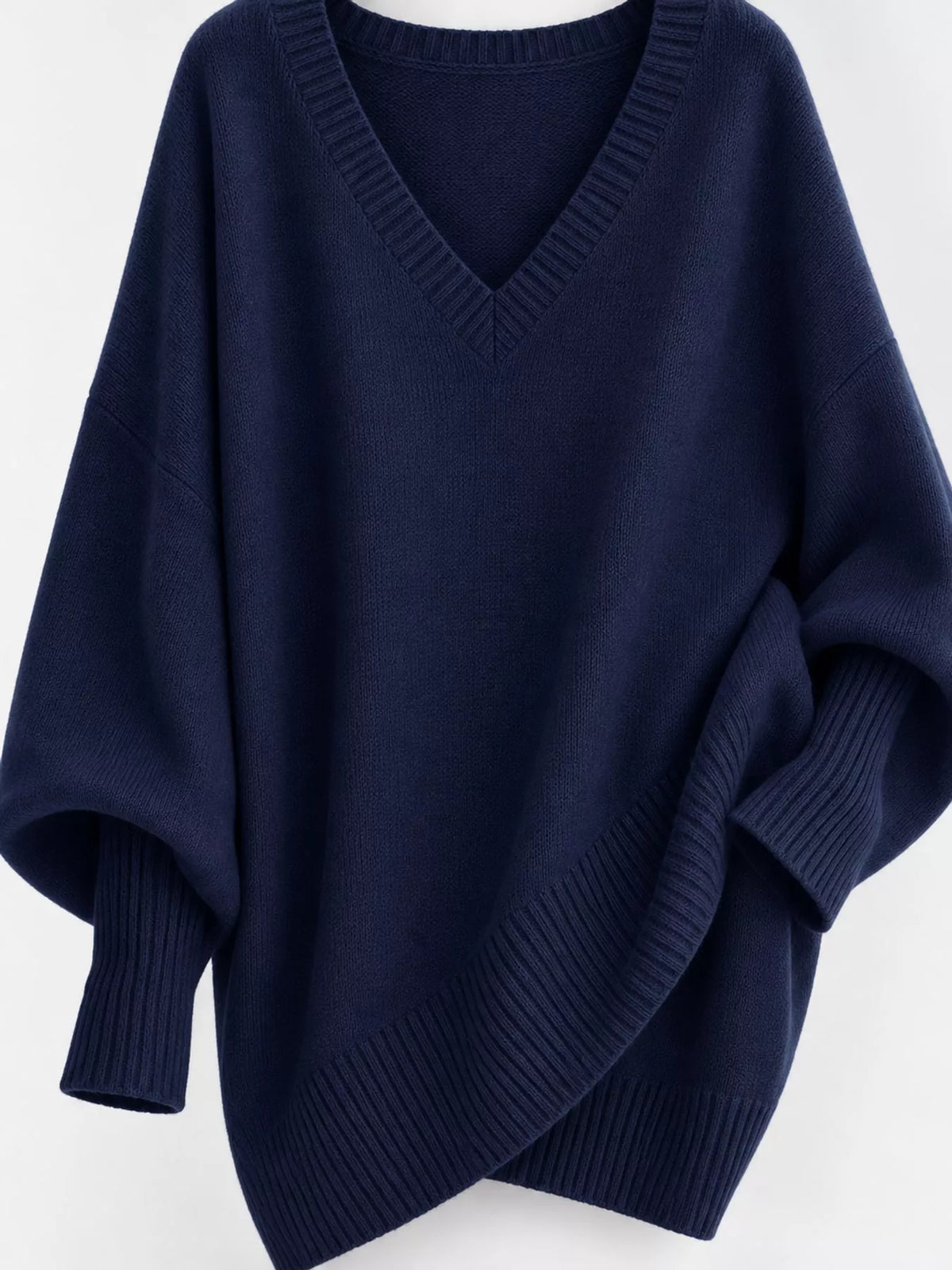 Full Size V-Neck Oversized Batwing Sleeve Sweater Plus Size - Navy - View 20
