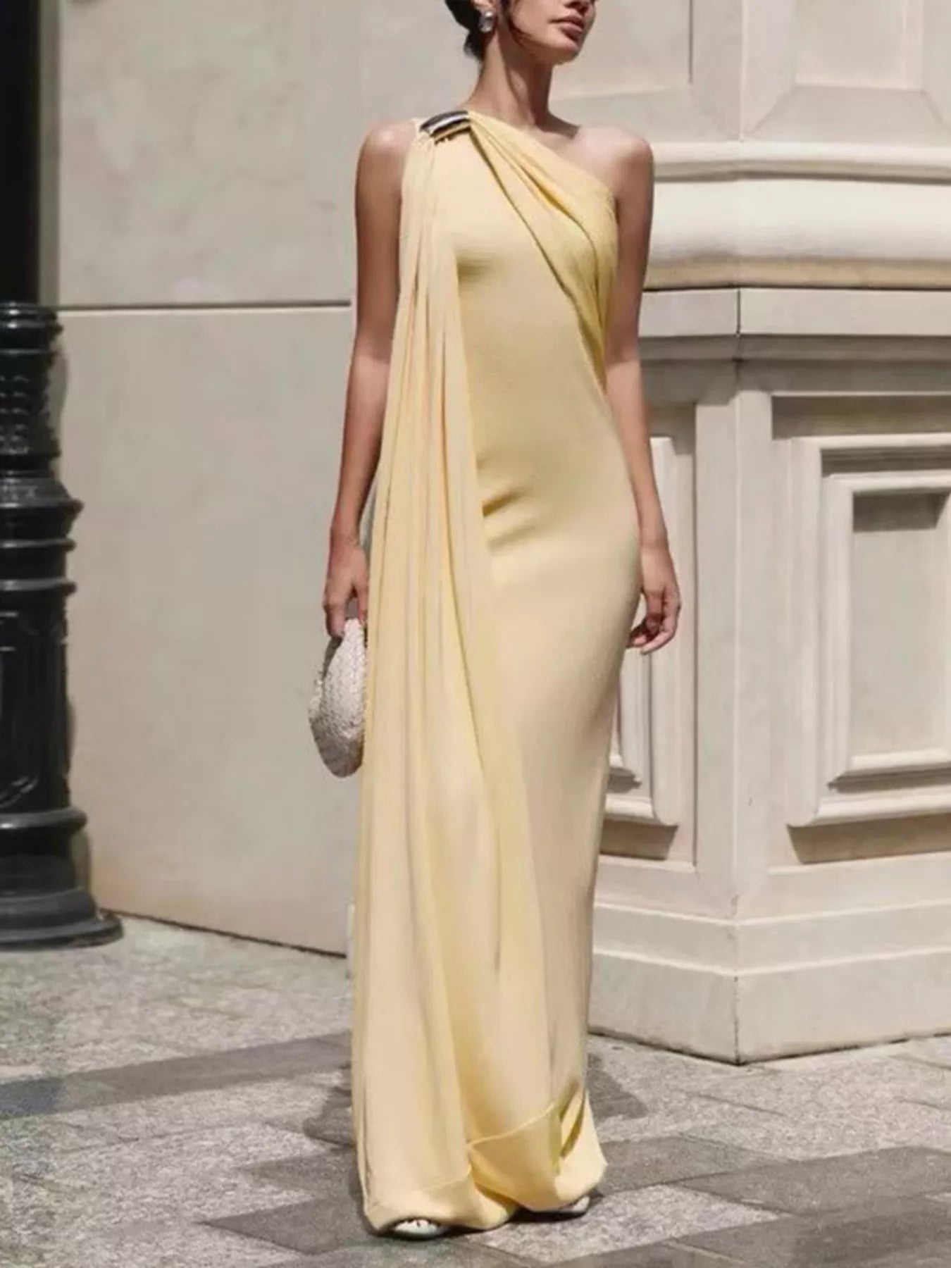 One-Shoulder Draped Maxi Dress - Yellow - Styled Full Length Front View