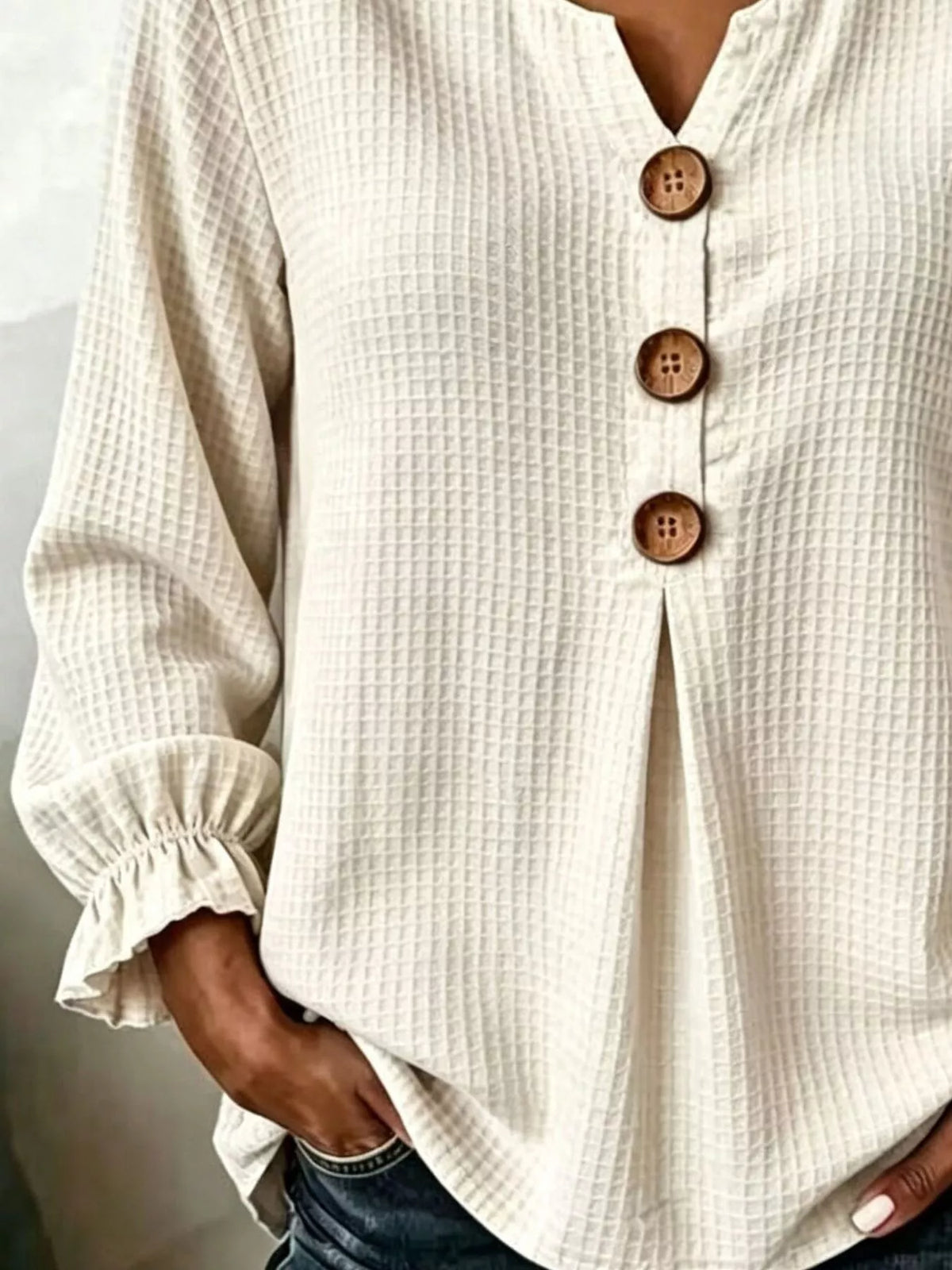 Waffle Knit Long Sleeve Top - Beige - View 7