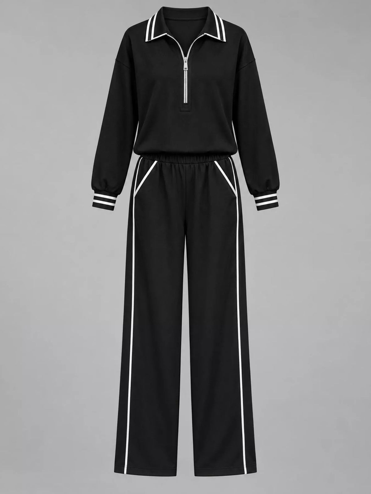 Striped Half Zip Top and Pants Set - Black - View 9