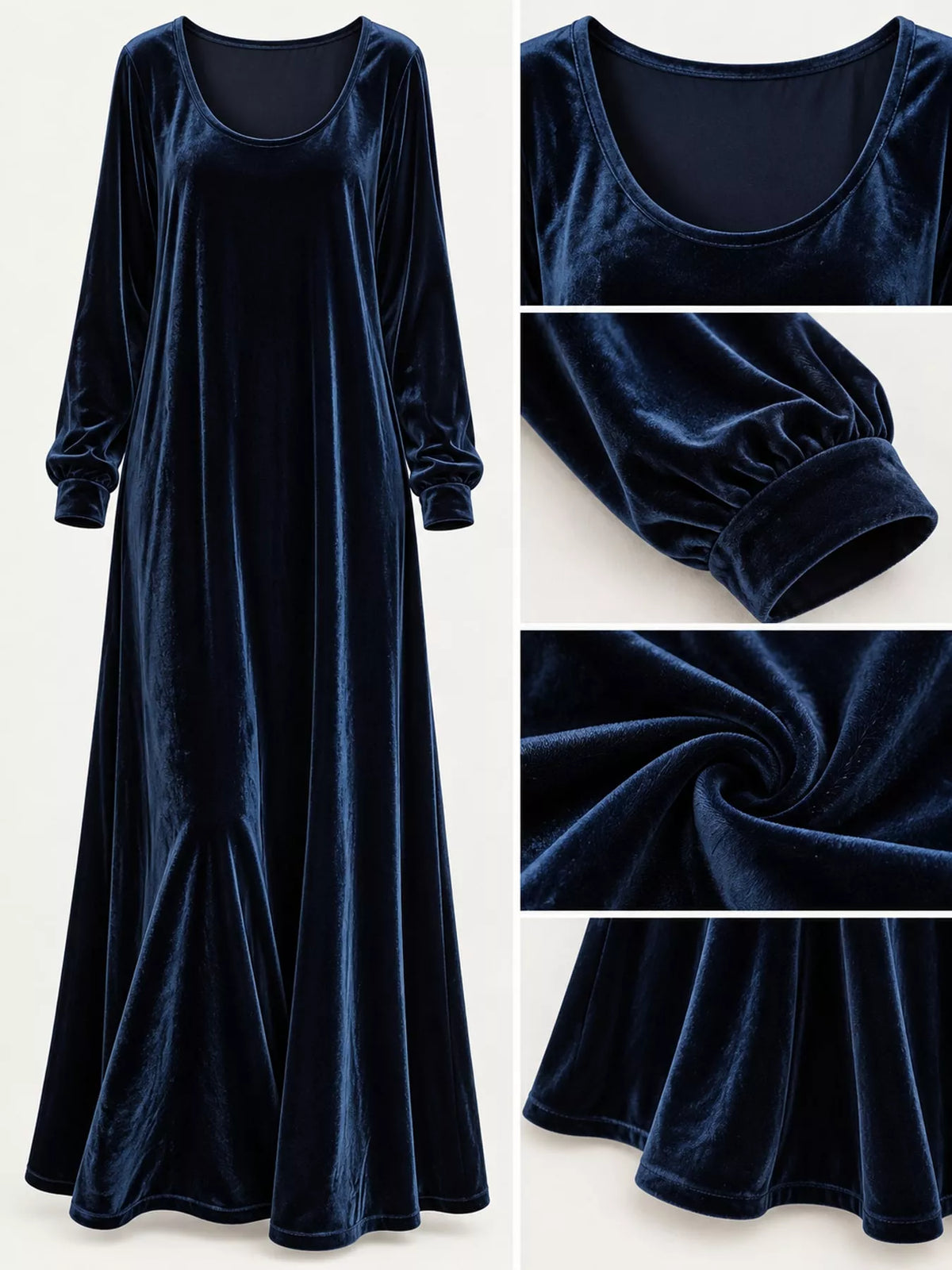 Velvet Long-Sleeve Maxi Dress - Navy - View 5