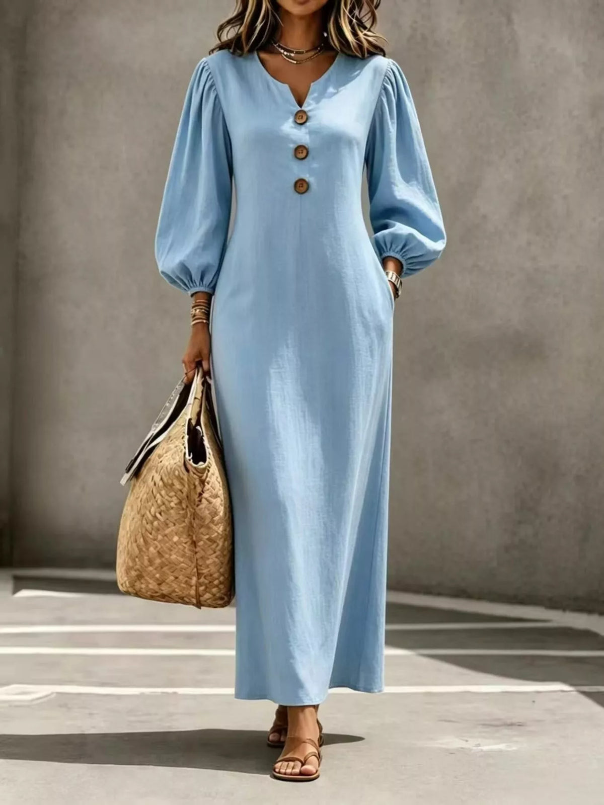 Decorative Button Balloon Sleeve Maxi Dress - Sky Blue - View 1