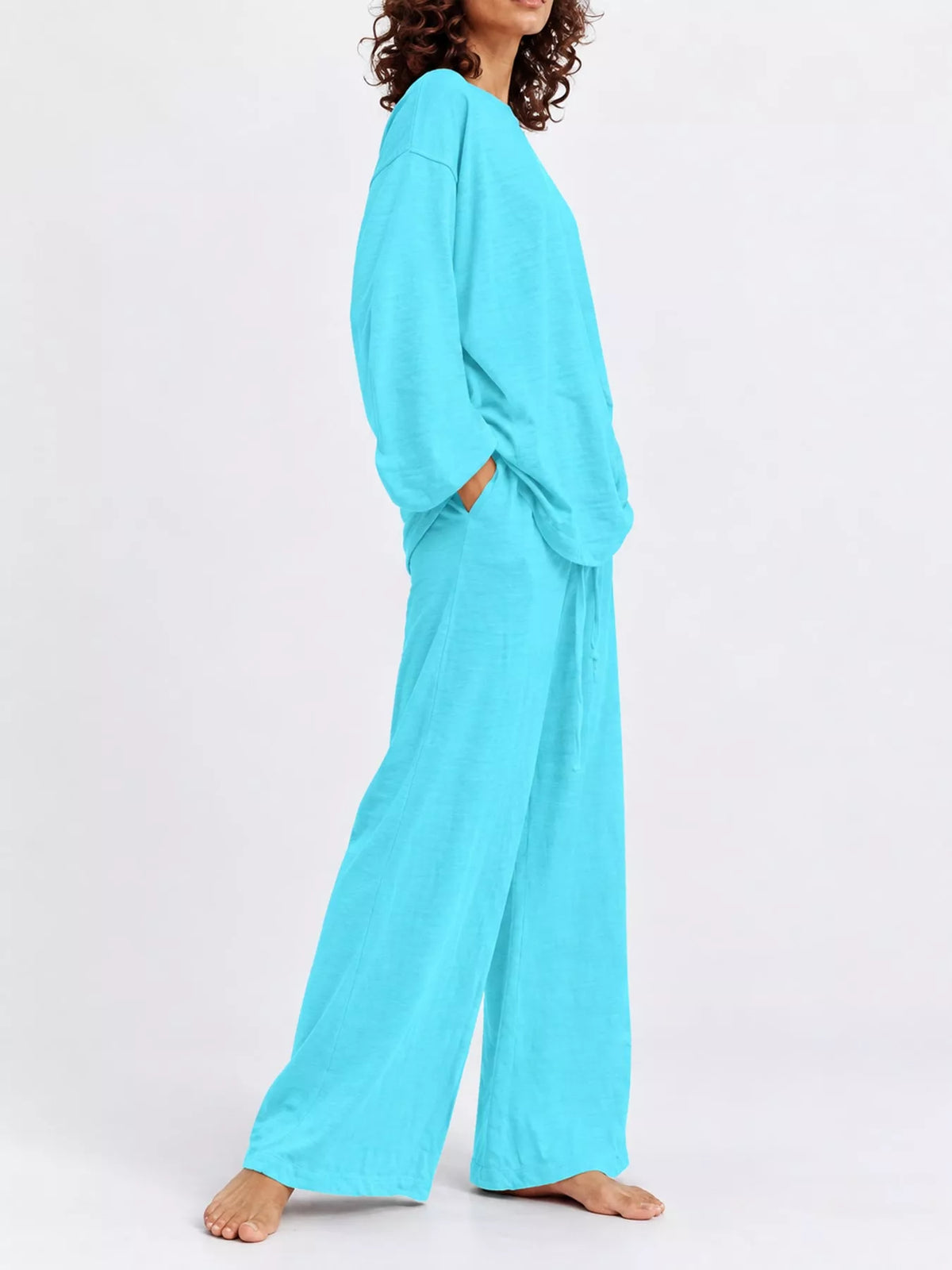 Full Size Round Neck Top and Drawstring Wide-Leg Pants Set Plus Size - Lake Blue - View 1