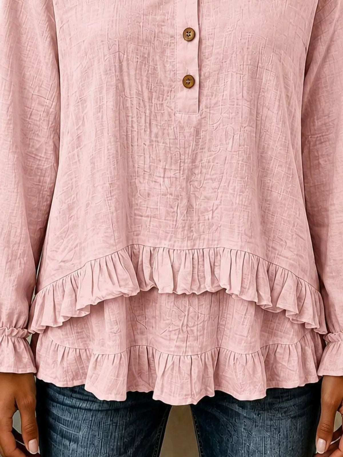 V-Neck Long Sleeve Button Detail Ruffled Hem Blouse - Pink - View 3