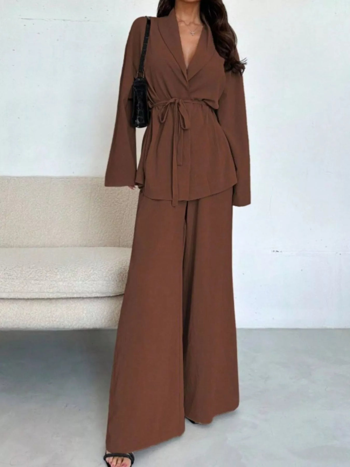 Front Tied Shirt and Wide-Leg Pants Set - Dark Brown - View 14